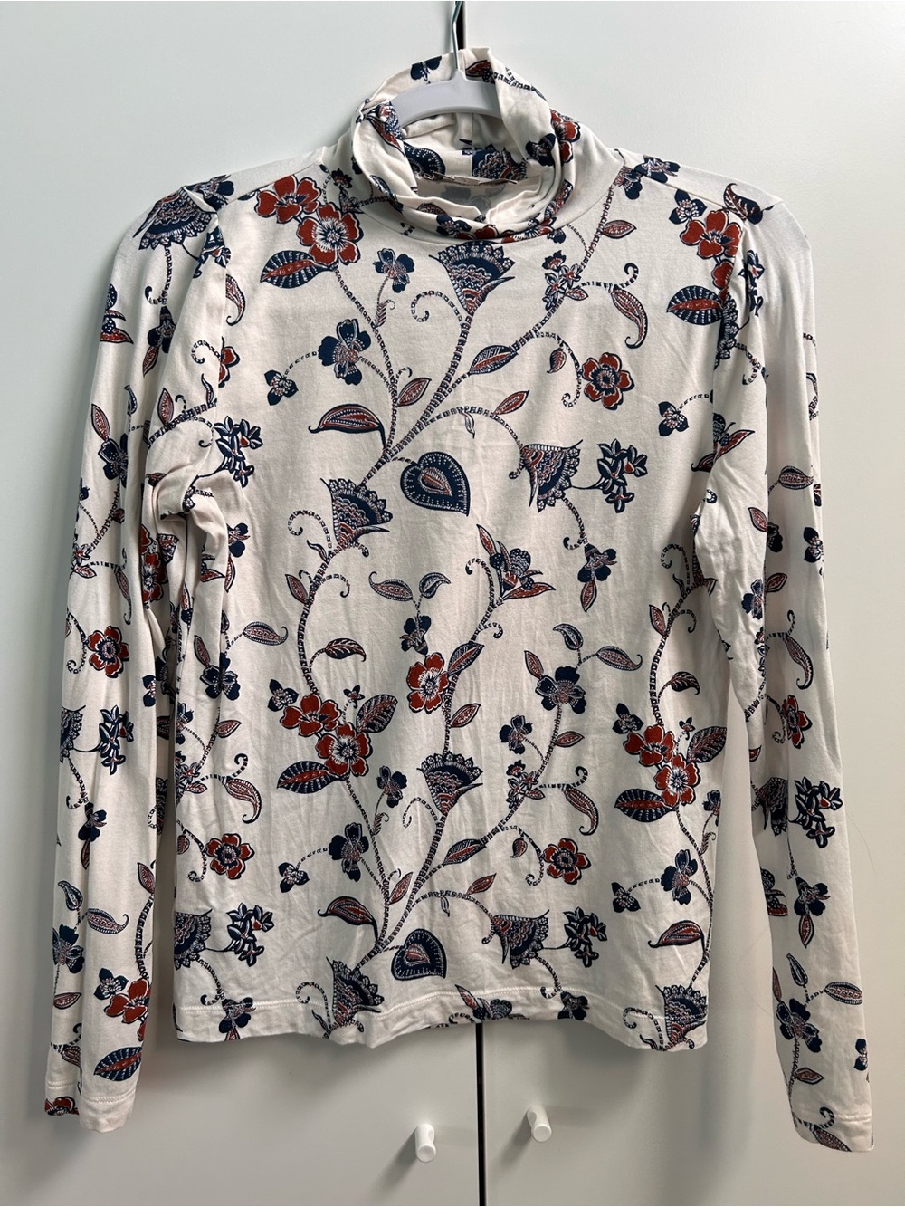 Women’s Floral Turtleneck Long Sleeve Top - Cream with Brown & Navy